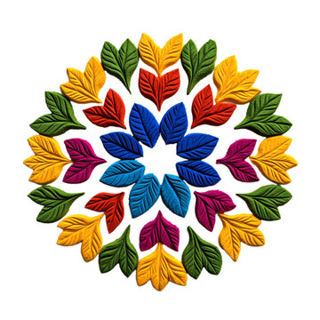 Vibrant Diwali rangoli pattern made of colored powder featuring intricate floral shapes isolated on transparent background 