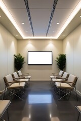 a modern commercial building lobby corridor leading to an open lounge area. Mockup 3D rendering.