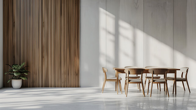 A modern dining room with a wooden table and chairs, set against a white wall with a wooden slat accent wall.