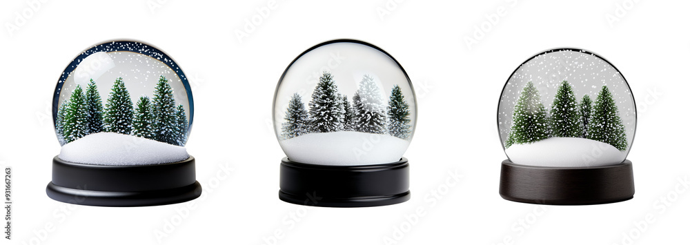 Poster collection of snow globes with evergreen trees, isolated on a transparent background, capturing the 