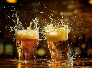 Delicious foamy beer in two clear glasses on the bar counter of the pub