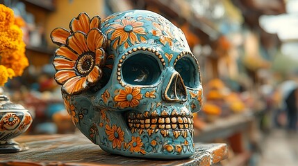 A close-up of a traditional Day of the Dead ceramic skull