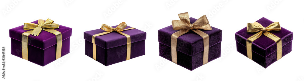 Wall mural A collection of purple gift boxes with golden ribbons isolated on a transparent background, ideal for Christmas celebrations