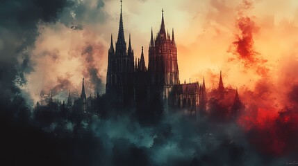 Fototapeta premium Gothic cathedral, towering spires, stormy sky, Watercolor style