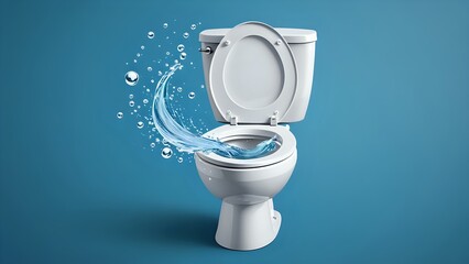 White toilet bowl with water splash and bubbles on blue background.