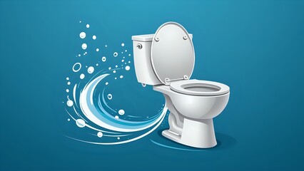 Illustration of a white toilet bowl with a swirling blue water design in the background.