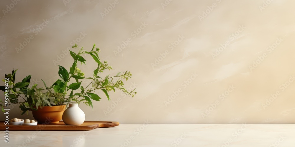 Poster minimalist plant arrangement on a wooden board