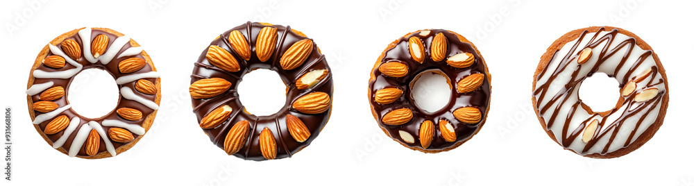 Poster a collection of assorted donuts with almonds and chocolate glaze, isolated on a transparent backgrou