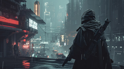 A courageous cyberpunk warrior against the backdrop of the city of the future. Cyberpunk concept