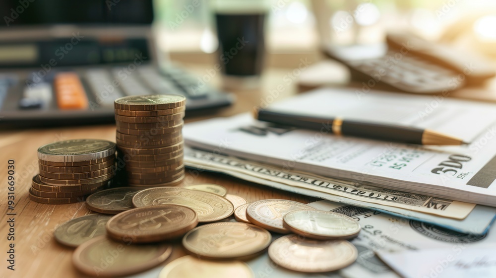 Leinwandbilder cash stacks, coins, and an open notebook filled with calculations are arranged neatly on a wooden de