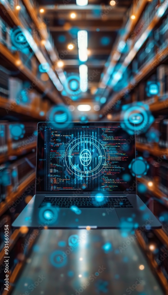 Poster laptop with hologram screen showing code in futuristic data centre tunnel, technology concept