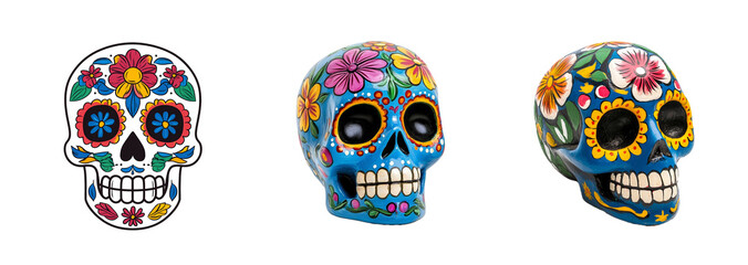 Collection of vibrant Mexican Day of the Dead sugar skull designs isolated on a transparent background, ideal for festive themes