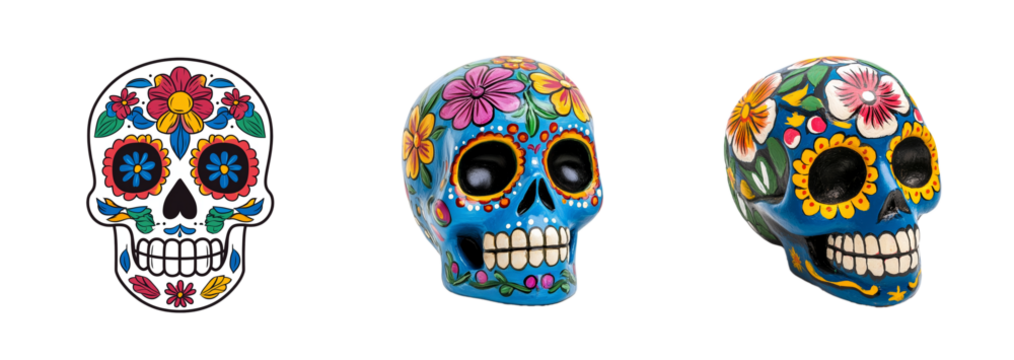 Collection of vibrant Mexican Day of the Dead sugar skull designs isolated on a transparent background, ideal for festive themes