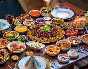 A large table filled with vibrant food, colorful plates, salads, breads, and hot dishes invites guests.