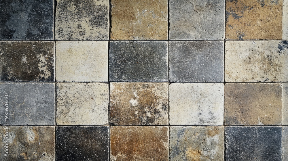 Poster a patterned stone tile surface with a mix of smooth and textured tiles, ideal for architectural back