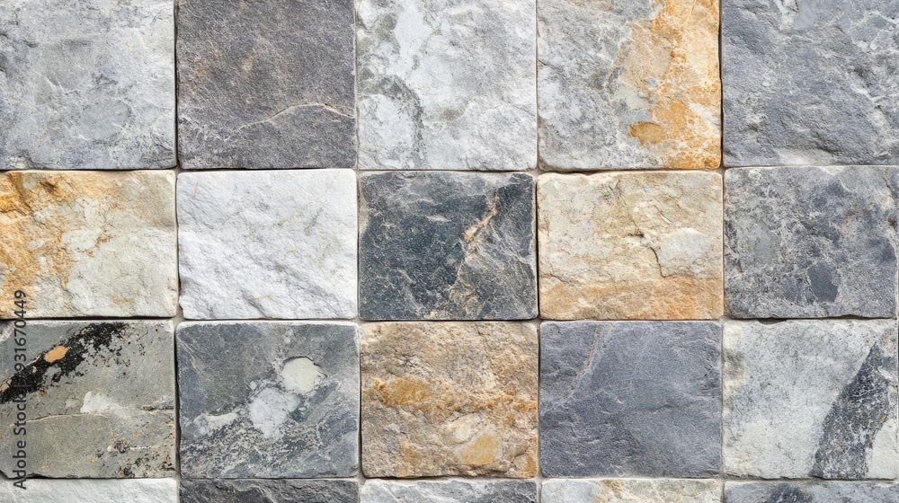 Poster A patterned stone tile surface with a mix of smooth and textured tiles, ideal for architectural backgrounds.