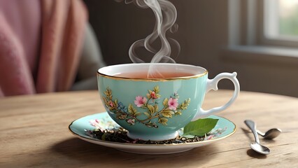 Obraz premium A close-up of a steaming cup of tea on a wooden table.