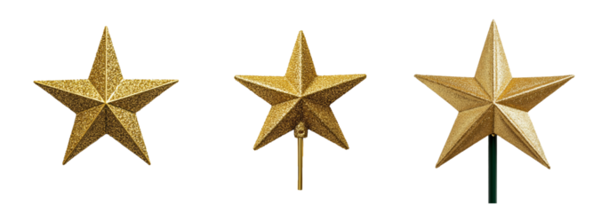 A collection of glittery gold Christmas tree star toppers isolated on a transparent background perfect for holiday decoration