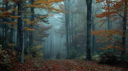 Obraz premium A foggy forest with tall trees and colorful leaves on the ground