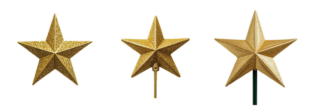 A collection of glittery gold Christmas tree star toppers isolated on a transparent background perfect for holiday decoration - Powered by Adobe