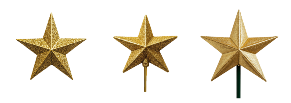 A collection of glittery gold Christmas tree star toppers isolated on a transparent background perfect for holiday decoration