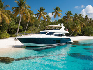 A luxury motor yacht anchored near a secluded white-sand beach on a tropical island, with palm trees swaying gently in the breeze.
