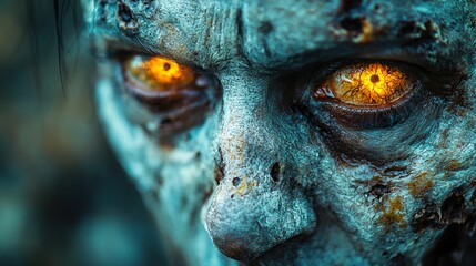 A close-up of a zombie's face with decaying skin and glowing eyes