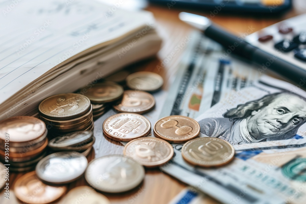 Poster cash and coins surround a notebook filled with detailed notes and calculations, indicating careful f