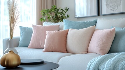 Fototapeta premium A stylish living room with a soft, pastel-colored palette featuring pillows on a light-colored sofa, creating a serene and cozy atmosphere