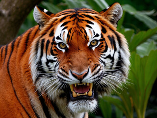Fototapeta premium A close-up of a fierce tiger's face, showing its intense gaze, sharp teeth, and vibrant orange fur with black stripes, set against a lush green background.