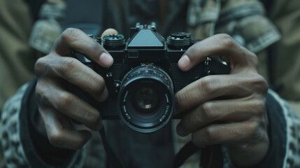 Close-up view of a photographer's hands holding a camera in a creative outdoor setting