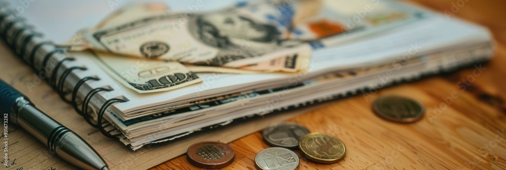 Fototapete a stack of cash sits atop a notebook filled with notes and calculations alongside scattered coins on