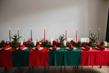 A dining room set for a Christmas feast, featuring a long table adorned with a red and green tablecloth, matching napkins, candles