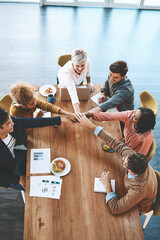 Business people, above or hands together in startup for mission, support or meeting for goals....