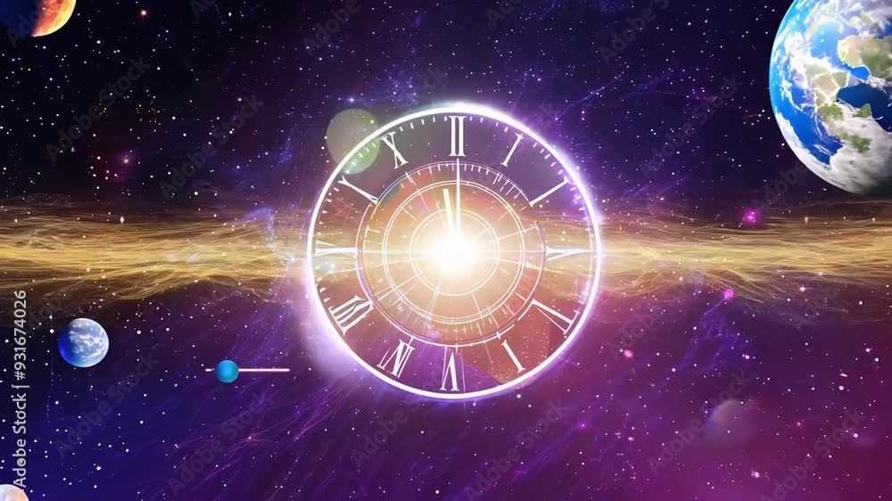 Poster cosmic clock displaying time and light in a vibrant galaxy generative ai