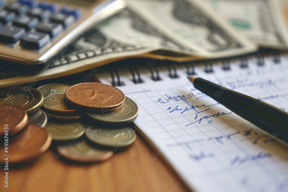 Fototapete a notebook with notes and calculations sits next to a stack of cash and coins, capturing the essence