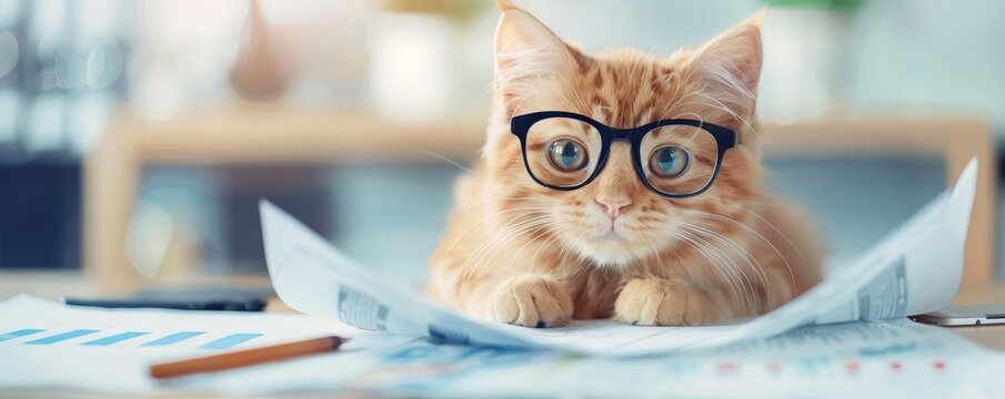 Smart Cat Working on Charts with Glasses