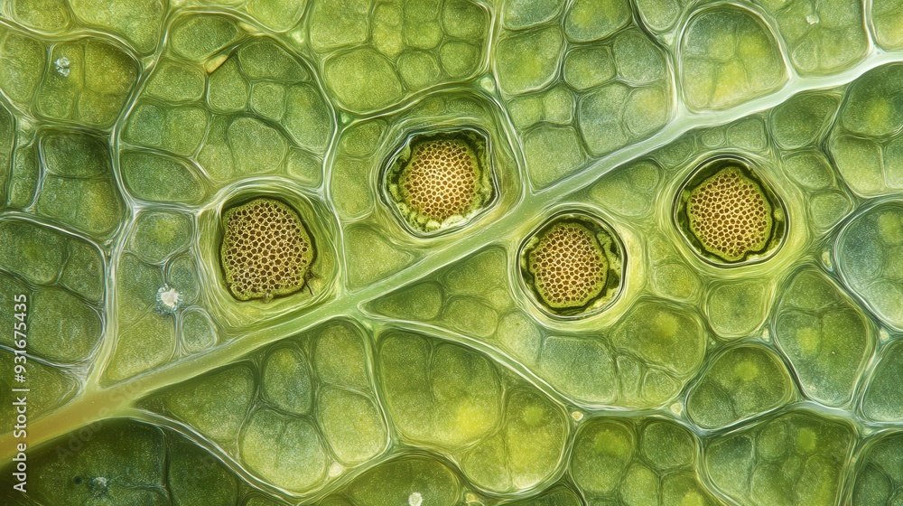 Poster a cross section of a leaf shows distinct cellular structures and stomata, reflecting intricate biolo