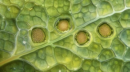 A cross section of a leaf shows distinct cellular structures and stomata, reflecting intricate biological details under magnification