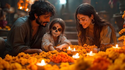 A family sharing stories and memories at a Day of the Dead altar