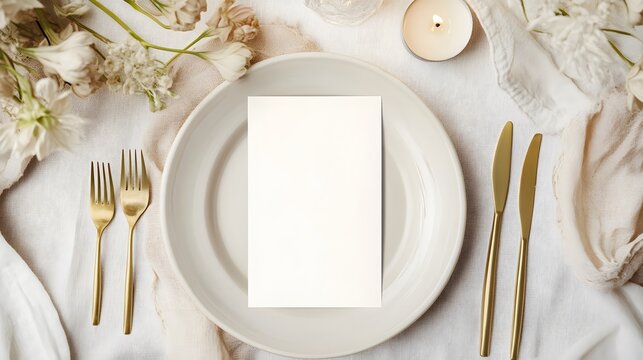 Elegant wedding table setting with a blank place card on a white plate. Perfect mockup for wedding invitations, event branding, or menu design in an upscale, refined atmosphere