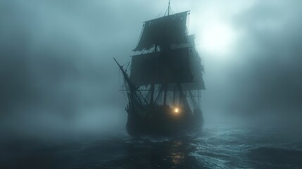 Obraz premium A ghost ship sailing through a foggy, moonlit ocean, with tattered sails and eerie lights