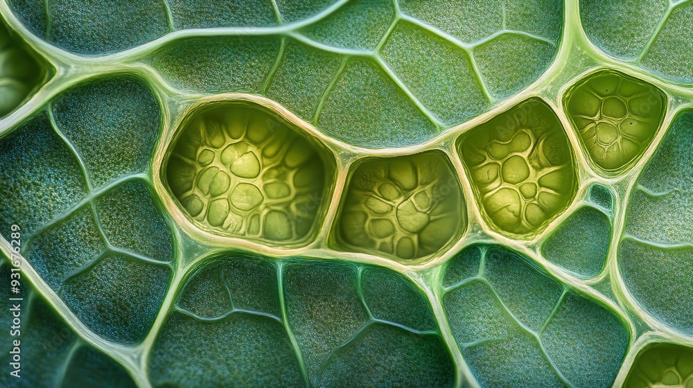Poster a microscopic cross section of a leaf displays intricate cellular structures, emphasizing the chloro