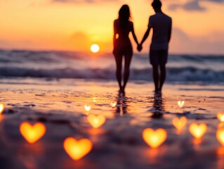 Fototapeta premium Silhouette Couple Holding Hands on Beach at Sunset with Heart-Shaped Lights