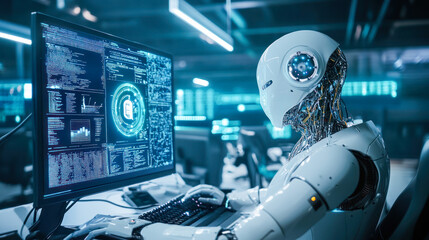 Artificial intelligence humanoid robot working on computer in office. technology concept robot working in office, AI assistant business concept. Futuristic AI Robot Working with digital Data