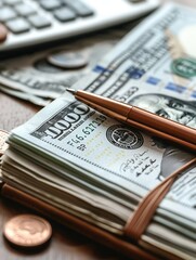 Naklejka premium A stack of cash lies with coins and an open notebook filled with notes and calculations, indicating a financial planning session in progress. Generative AI