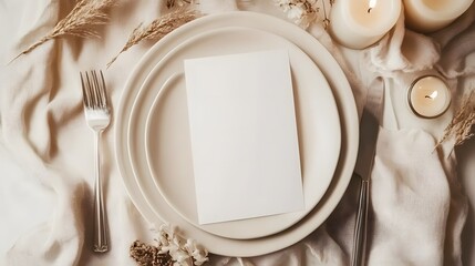 Elegant wedding table setting with a blank place card on a white plate. Perfect mockup for wedding invitations, event branding, or menu design in an upscale, refined atmosphere