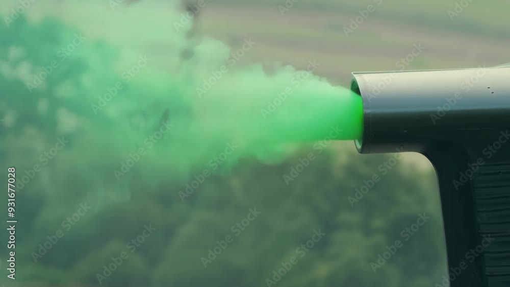 Poster green smoke cloud from a machine adds a special effect over a green background, creating a captivati