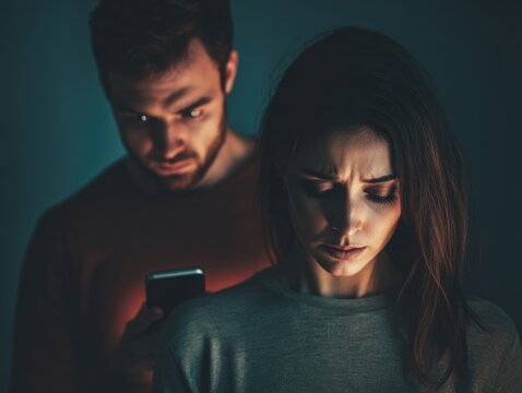 Distrust in Relationship: Couple Showing Tension and Concern with Smartphone Usage