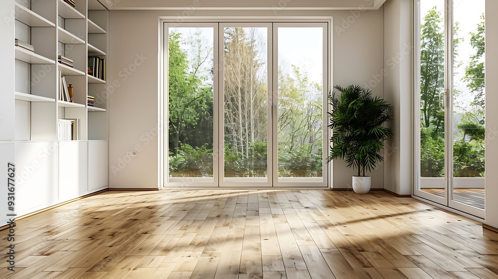 Poster an empty living room with sliding glass doors and floor to the right there is no one person in it : 